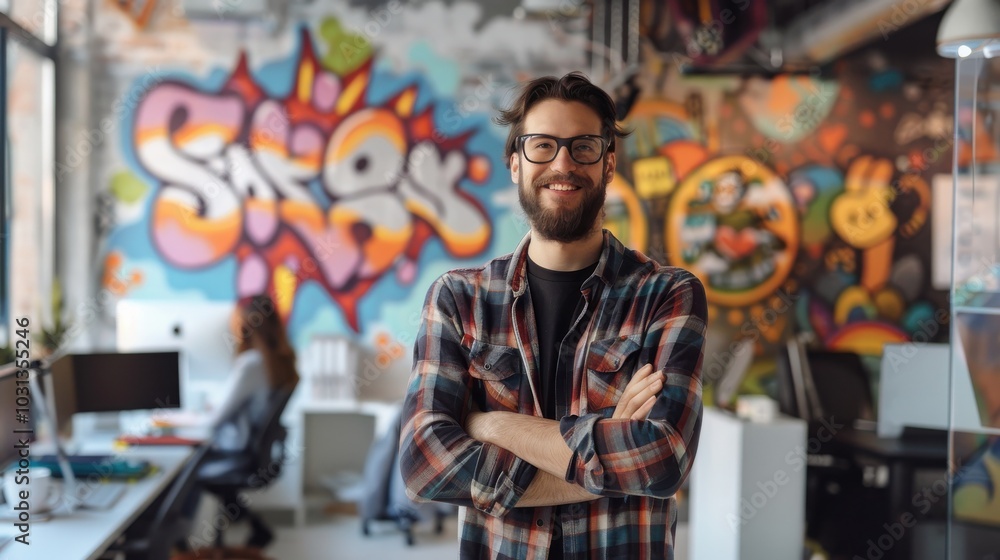 Poster office worker expressing individuality with a casual style in a vibrant creative workspace during da