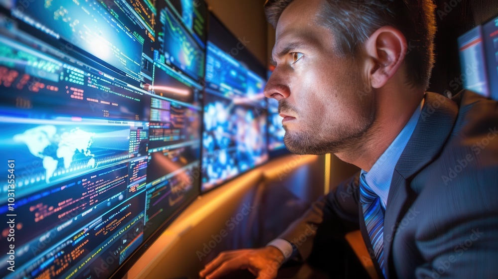 Poster focused office worker analyzing data on multiple screens in a fast-paced corporate environment durin
