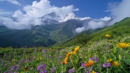 Obraz premium Mount Everest towering over vibrant green hills and blooming wildflowers on a clear, sunny day in the Himalayas
