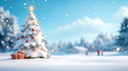 Naklejka premium Festive Christmas tree adorned with snow and decorations