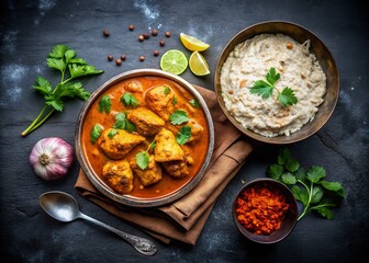 Delicious Chicken Curry with Rice and Chapati on Dark Background - Indian Cuisine Delight