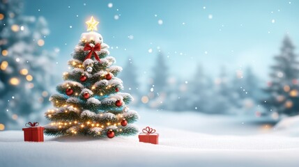 Obraz premium Festive Christmas tree adorned with snow and gifts
