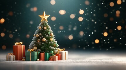 Obraz premium Festive Christmas tree surrounded by beautifully wrapped gifts