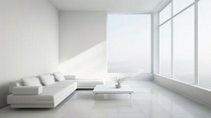 A white living room with a couch and a coffee table. There is a vase on the coffee table. The room has a clean and minimalist look