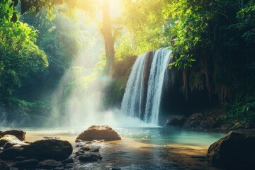 A powerful waterfall plunging into a clear pool, surrounded by lush green jungle vegetation