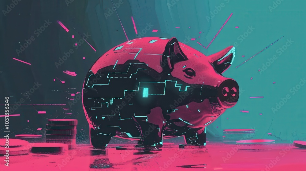 Poster a futuristic minimalist piggy bank design showcasing digital coins in a vibrant and modern setting