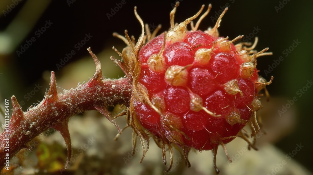 Poster detailed macro shot of a wild raspberry growing on a thorny stem, highlighting its unique texture an