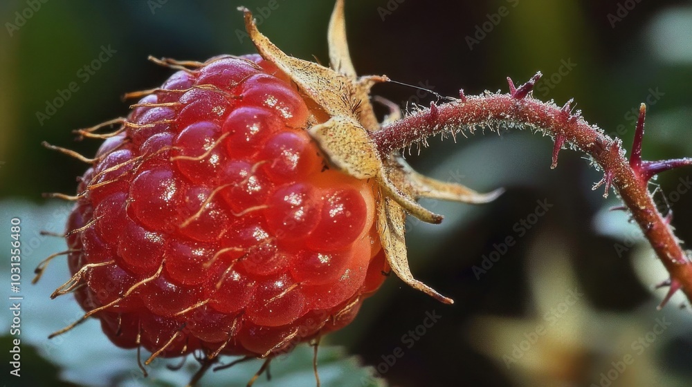 Poster close-up of a wild raspberry on a thorny stem highlighting the intricate textures of the fruit and p