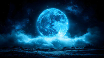 A glowing blue moon illuminates a dark, starry sky with clouds.