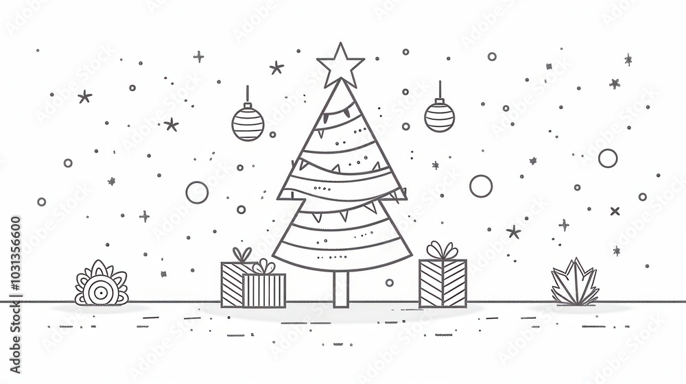 Poster minimalistic line art of an elegant christmas tree adorned with ornaments and presents, perfect for 
