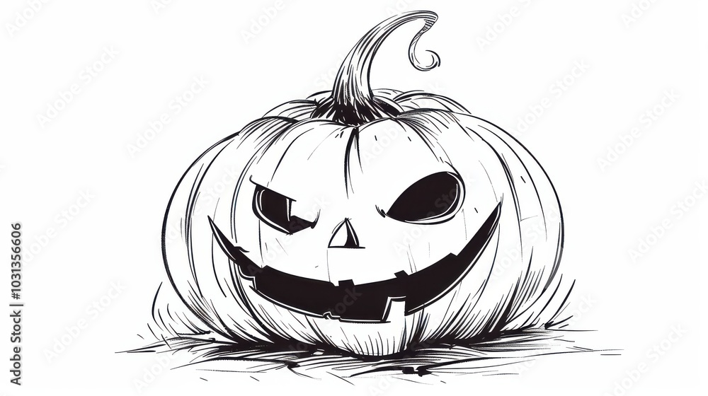 Poster a minimalistic line art representation of a halloween jack-o'-lantern with spooky facial features de