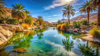 Obraz premium A peaceful water oasis in the desert, providing relief for thirsty travelers , oasis, water, desert, travel, relief
