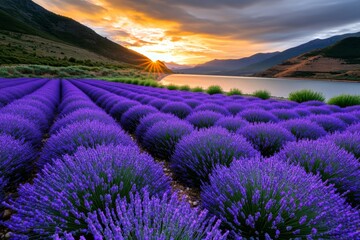 Obraz premium Field of lavender blooming under a golden sunset, filling the landscape with purple hues