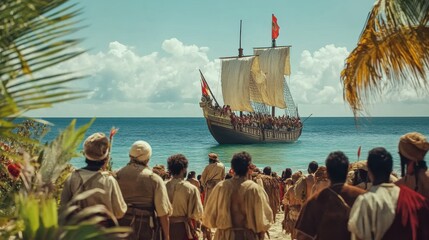 Historical reenactment of Columbus's arrival in the New World and his first encounter with indigenous people on the shore