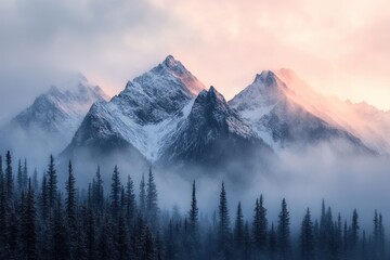 A rugged mountain range partially covered in mist, with the first light of dawn illuminating the snow-capped peaks.