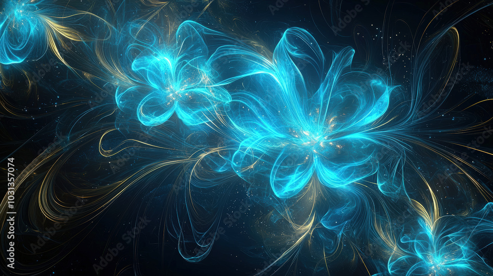 Poster mesmerizing abstract background featuring glowing blue flowers intertwined with delicate swirls of l