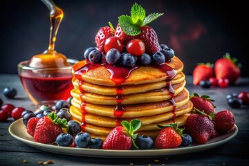 Delicious Homemade American Pancakes with Fresh Fruits and Syrup on Isolated PNG Background for Culinary Inspiration