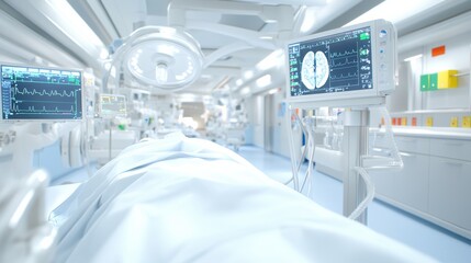 A modern hospital room featuring advanced medical equipment and a patient bed, highlighting healthcare technology and sterile environment.