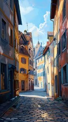 Fototapeta premium Good morning in a quaint European street featuring vibrant buildings and cobblestone pathways under a bright blue sky