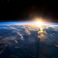Dramatic Sunrise over Earth with Bright City Lights