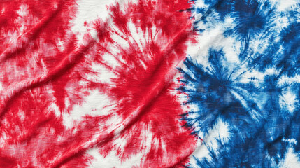 Vibrant tie dye pattern featuring bold red and blue colors on white background, creating striking...