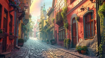 Fototapeta premium Charming European street awakens to a gentle morning glow with colorful buildings and cobblestone pathways