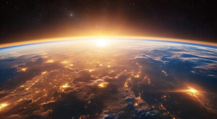 Fototapeta premium Sunrise Over Earth from Space with Glowing City Lights and Atmospheric Clouds