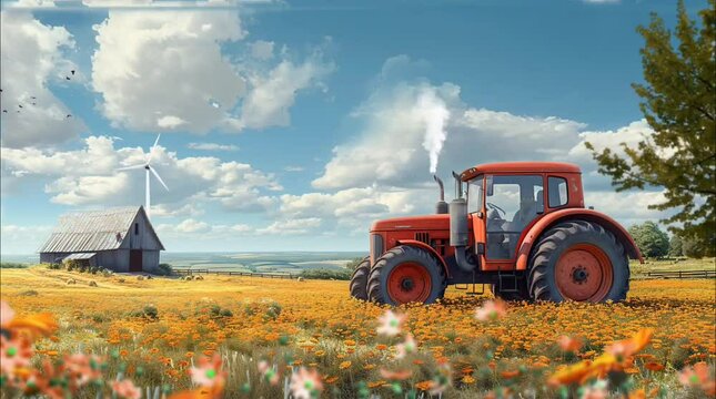A red tractor in a vibrant flower field, with a windmill and barn under a blue sky with clouds. Seamless loop video background