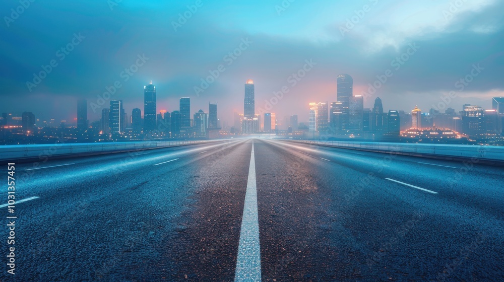 Poster a city skyline is visible in the distance, with a road that is empty and wet. scene is calm and peac