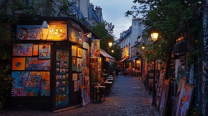 Naklejka premium Parisian Art Gallery Street Scene at Dusk
