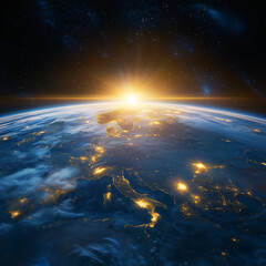Sunrise Over Europe with Glowing Cities, Earth from Space, Realistic Atmosphere