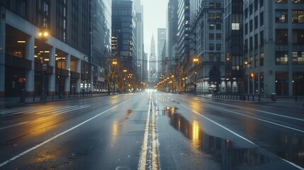 A busy city street with a lot of traffic lights and cars. The street is wet from the rain and the lights are on, creating a moody atmosphere