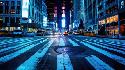 A busy city street at night with a lot of traffic and a few taxis. The street is lined with...