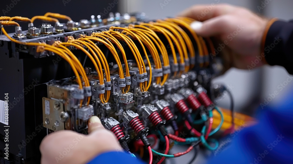Poster close up of technician working on transformer, showcasing intricate wiring and connections. detailed