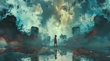 A Solitary Figure in a Ruined Cityscape