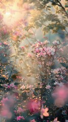 Early morning sunlight illuminates a vibrant flower garden filled with colorful blooms and delicate leaves