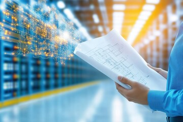 A person holding documents in a modern data center with glowing digital graphics, representing innovation and technology.