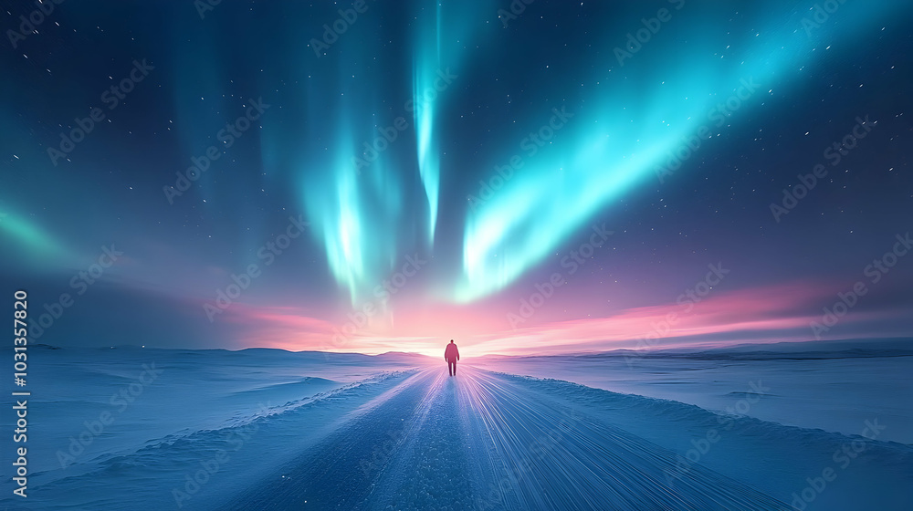 Poster A solitary figure walking on a snowy path under vibrant auroras.