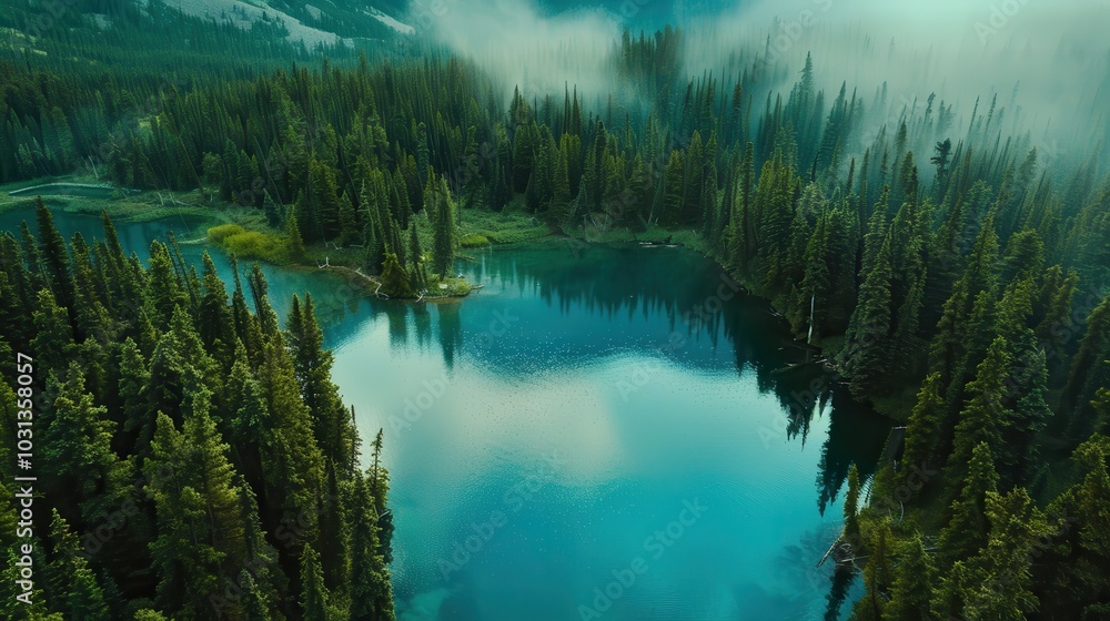 Poster a beautiful lake surrounded by trees with a blue sky in the background. the lake is calm and peacefu