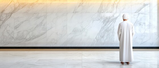 A person in traditional attire stands contemplatively before a large, elegant marble wall, reflecting tranquility and culture.