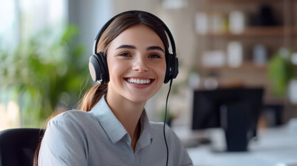 Professional call center agent with headphones in modern office environment