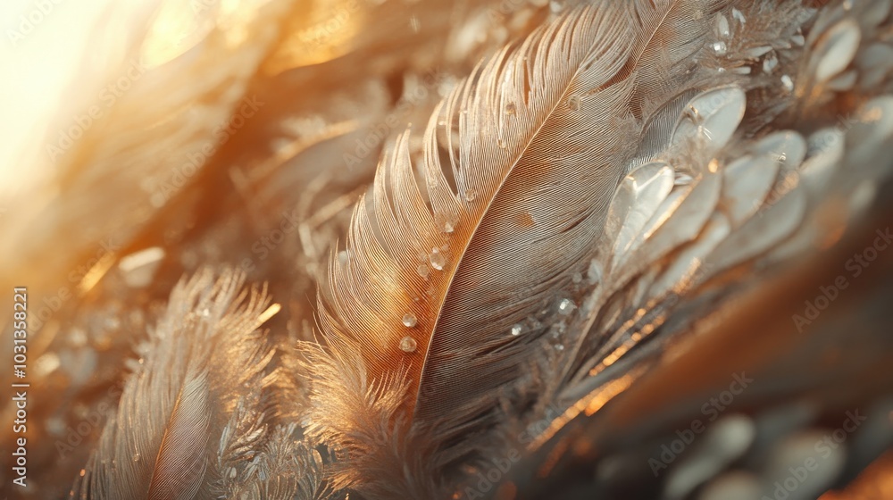 Poster A close up of a feather with water droplets on it. The feather is surrounded by other feathers, creating a sense of depth and texture. Scene is serene and calming