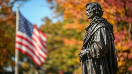 Detailed view of Christopher Columbus statue with American flag against an autumn backdrop