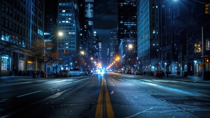 Obraz premium A city street at night with a few cars and a person walking. The street is empty and the lights are on