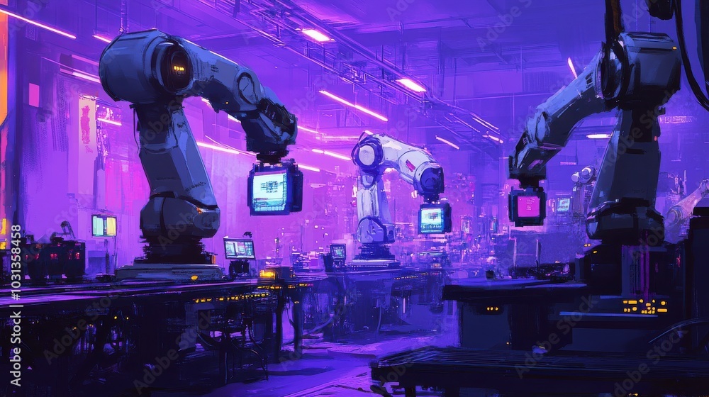 Leinwandbilder a futuristic industrial setting with robots and computer monitors
