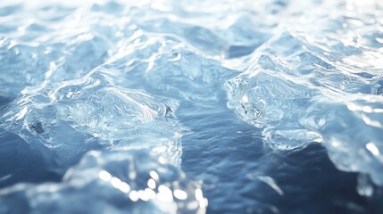 A body of water with ice floating on top. The water appears to be cold and clear, with the ice creating a contrast against the blue background. Concept of calmness and tranquility