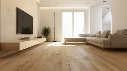 A living room with a large flat screen TV and a white couch. The room is bright and airy, with a large window letting in plenty of natural light. A potted plant sits on a shelf