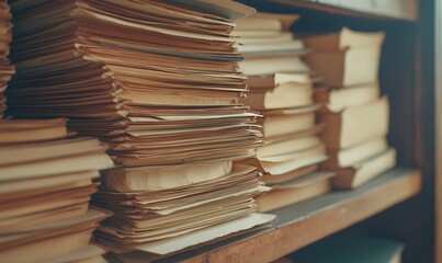 Fototapeta premium A bunch of paper files stored in a disorderly manner on a shelf like in an archive,Generative AI