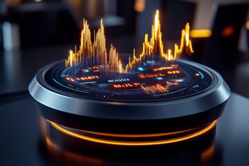 Holographic interface with glowing graphs, floating above a sleek black surface