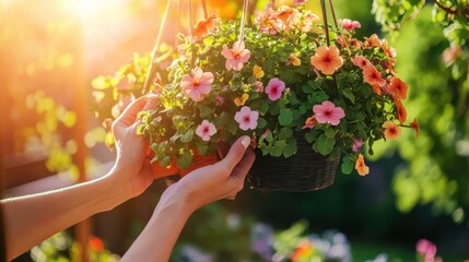 Fototapeta premium A person is holding a potted plant with a variety of flowers in it. The flowers are in different colors and sizes, and the plant is hanging from a hook. Concept of care and attention to detail